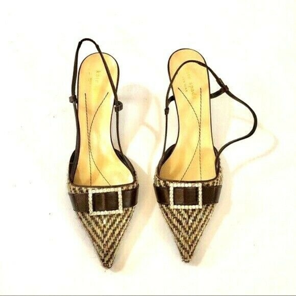 kate spade Shoes - Kate Spade 8B Brown Tweed Kitten Heel Slingbacks